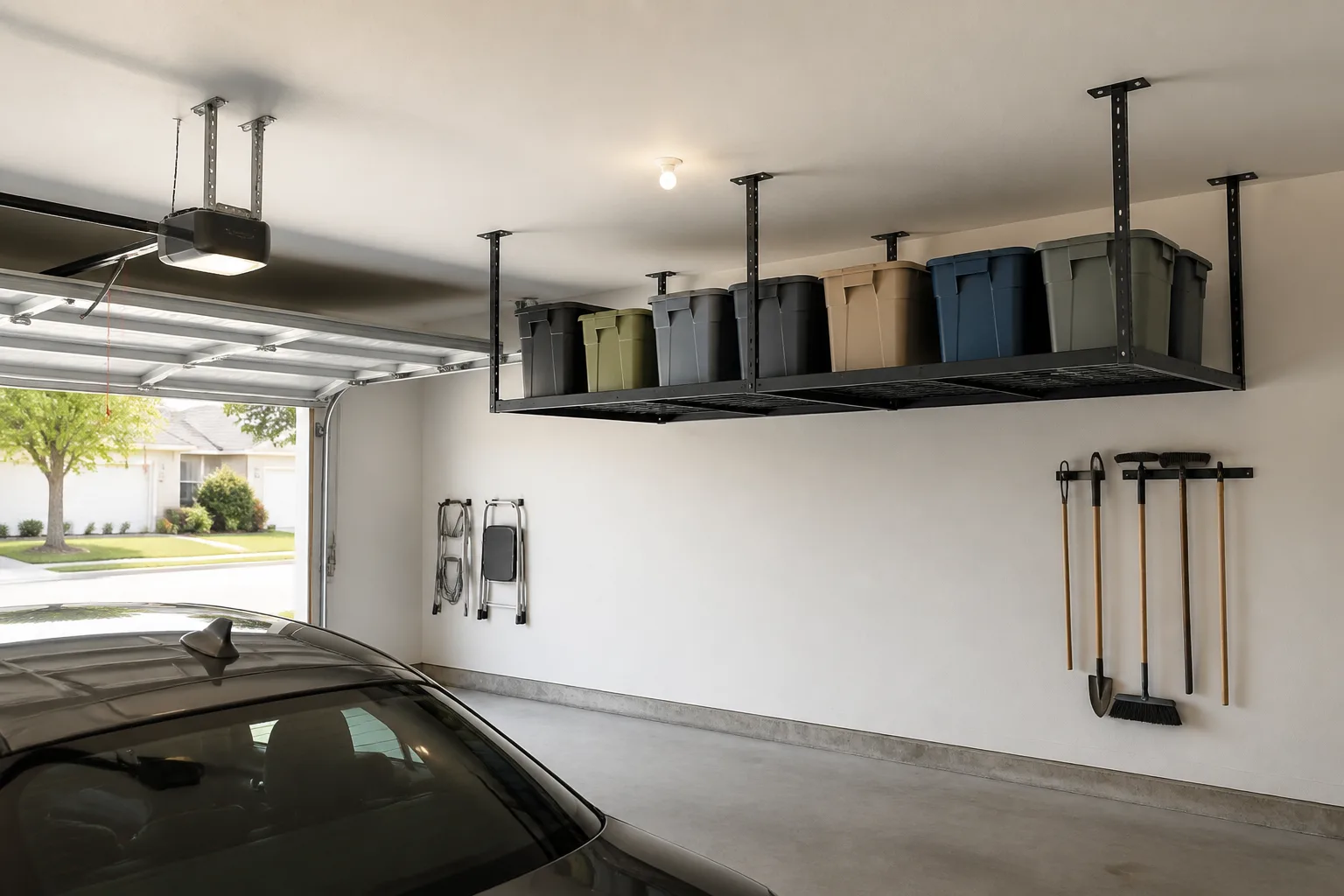 Organized garage with storage totes on a ceiling-mounted steel rack above an open floor area